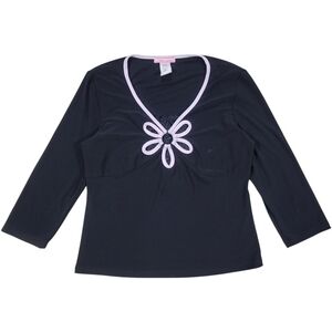 VTG Y2K Floral Cutout Top PM Black Contrast Trim Lace Inset Coquette‎ Alt Girl